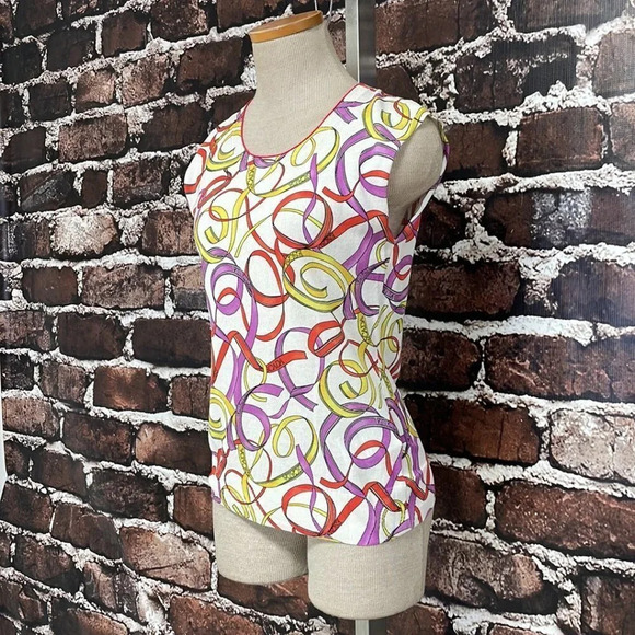 Escada Sport Top Ribbon Print Shirt Knit Open White Colorful Size Small S - Picture 6 of 17